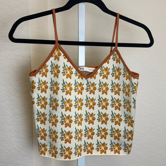 Zara Womens Sweater Cardigan Cream Orange Camisole Flower Two Piece Medium - Picture 4 of 8